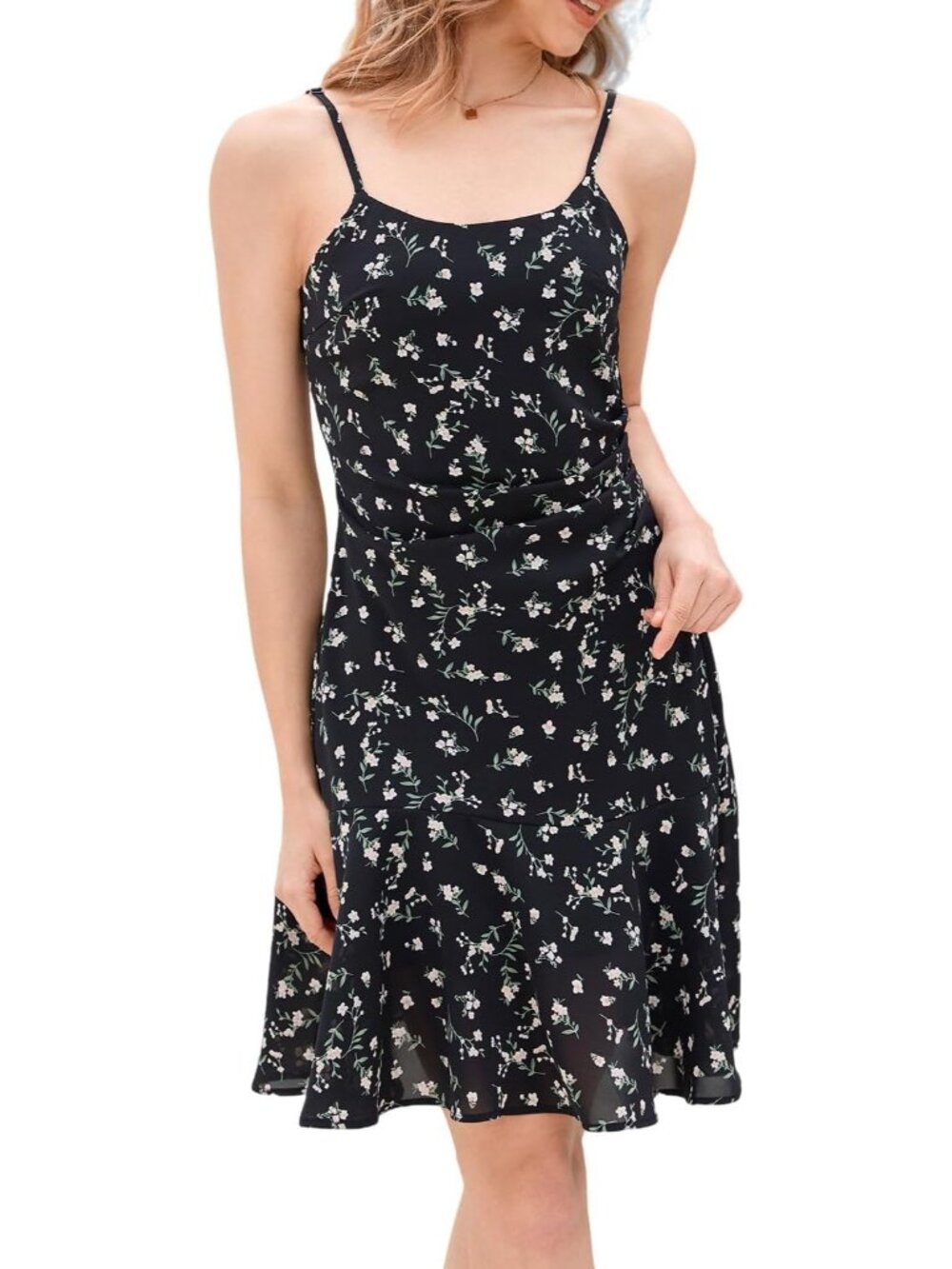 Women's Black Spaghetti Strap Sleeveless A-line Dress Casual Beach Daily Wear